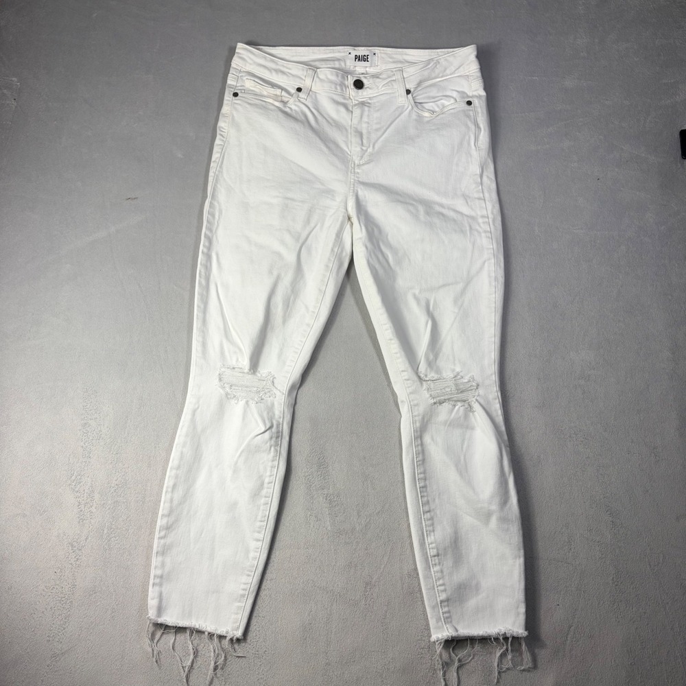 PAIGE Verdugo Crop White Distressed Skinny Jeans Size 31 Raw Hem Knee Slit